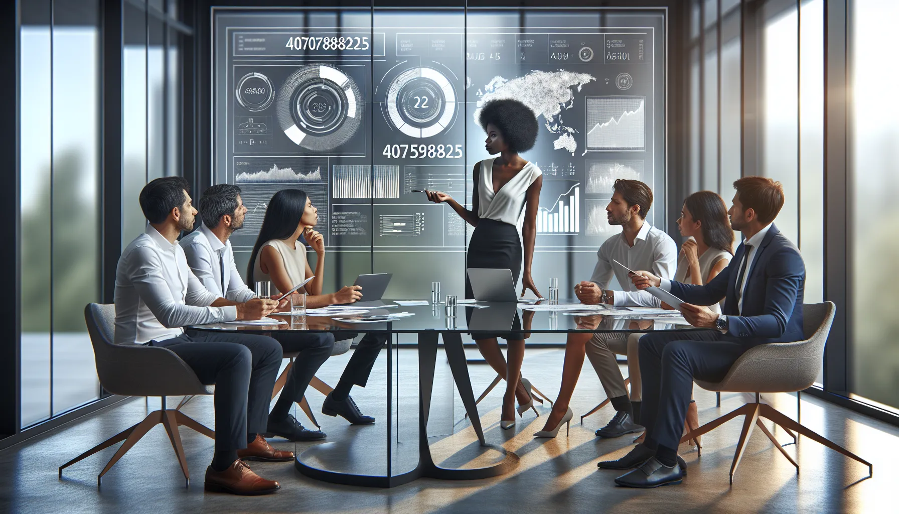 diverse professionals discussing data in a modern office setting.