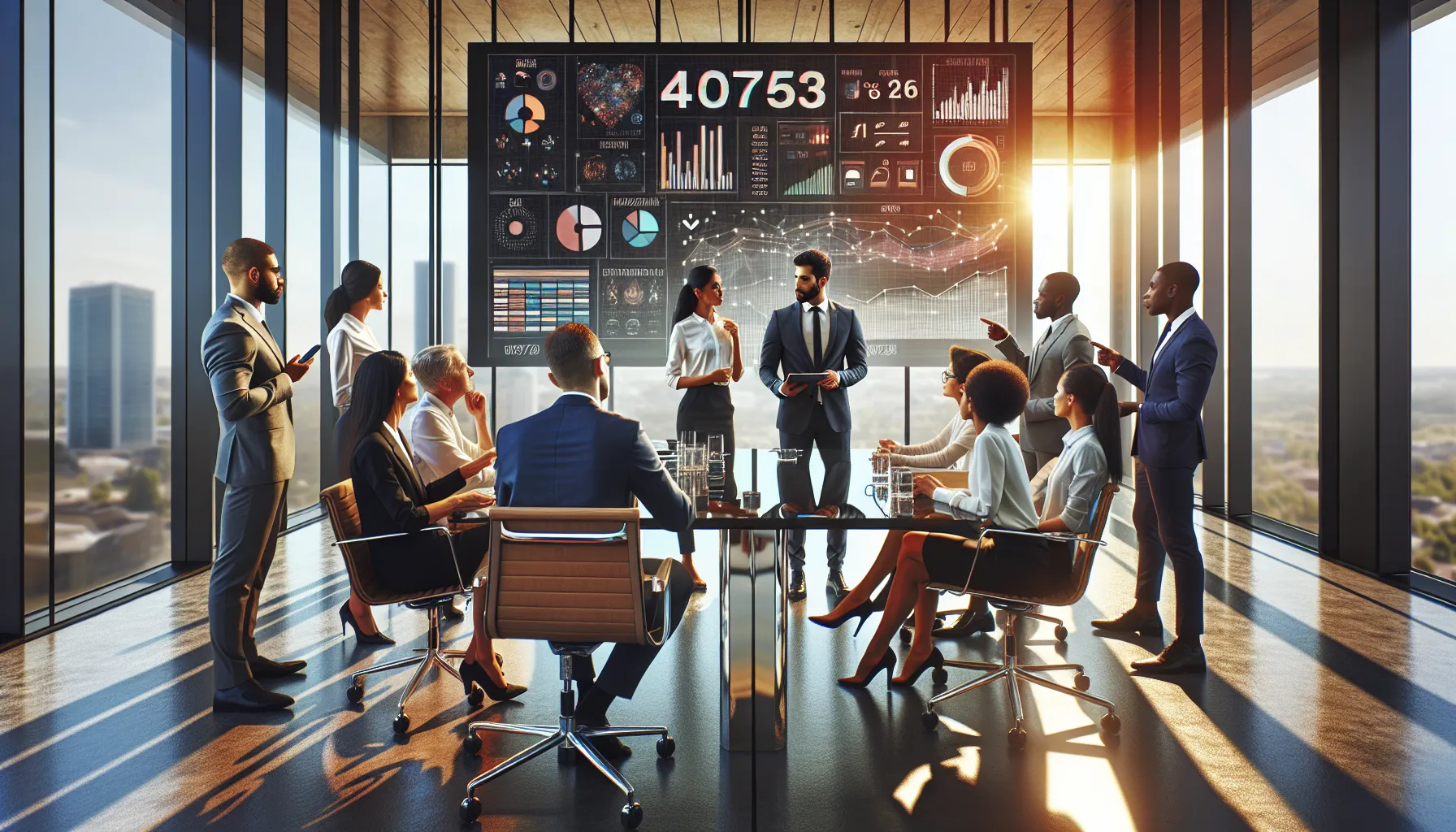 professionals discussing in a modern office with digital metrics display.