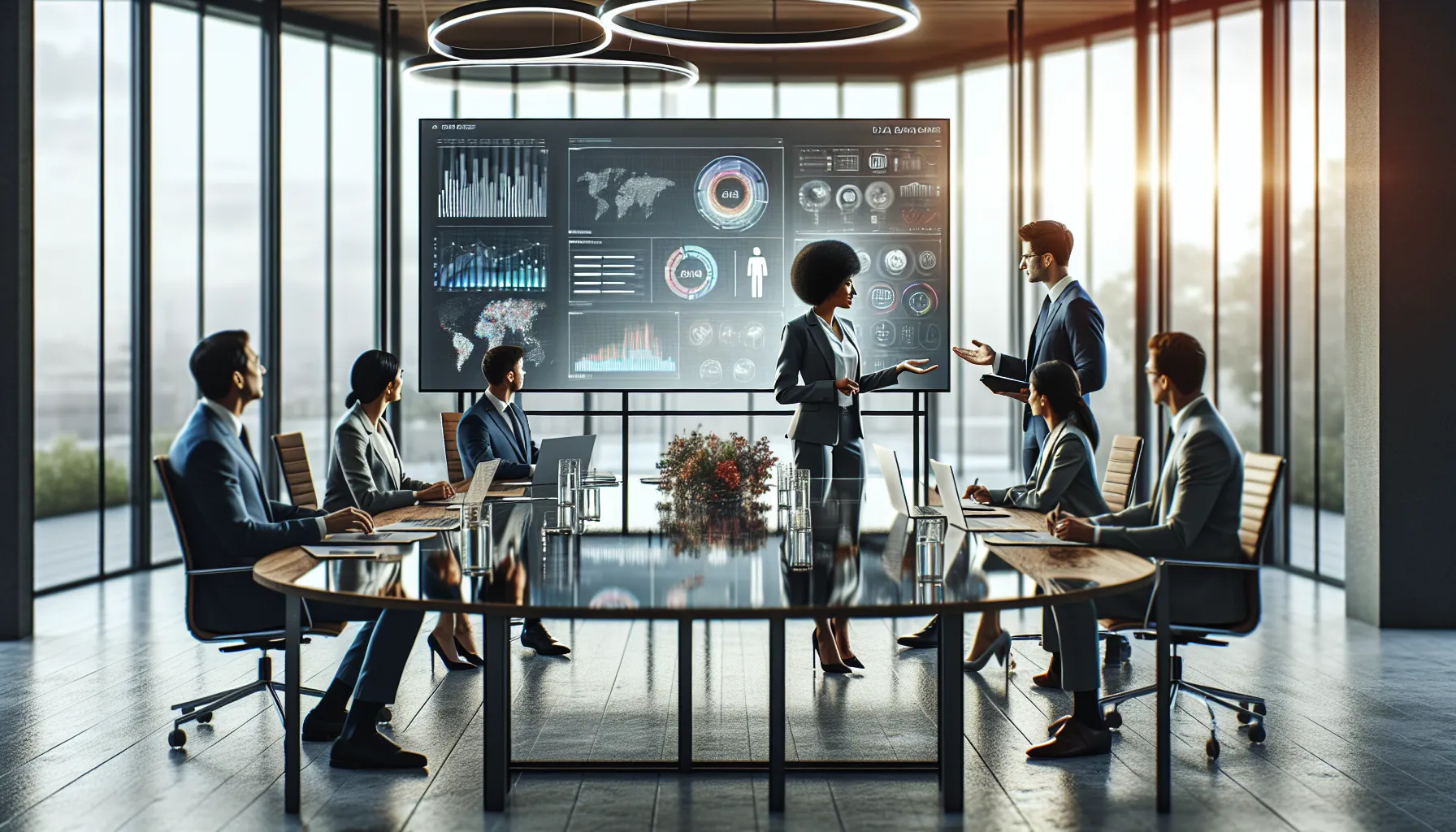 diverse professionals discussing data privacy in a modern office.